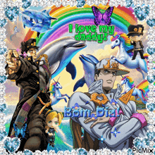 a picture of a man surrounded by dolphins and unicorns with the words " i love my daddy "
