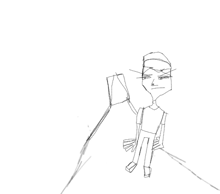 a black and white drawing of a man with suspenders and a sword