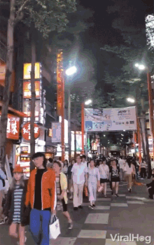a crowd of people walking down a street with a sign that says ' viralhog ' on it