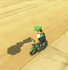 a video game character named luigi is riding a motorcycle on a track
