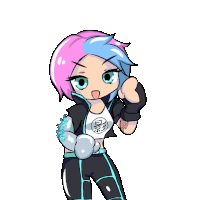 a cartoon drawing of a girl with pink and blue hair and a shirt that says shadow