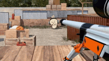 a cartoon character with headphones is standing in front of a sniper rifle in a video game