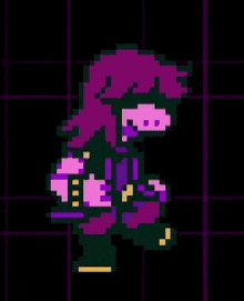 a pixel art drawing of a person with purple hair and a purple outfit .