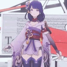 a girl in a purple kimono is standing in front of a sign that says t