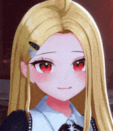 a girl with long blonde hair and red eyes is smiling