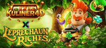a leprechaun is holding a pot of gold in front of a sign that says " leprechaun riches "