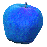 a blue apple against a white background with a silver stem