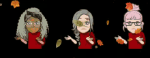three cartoon girls are standing next to each other with leaves falling in the background .
