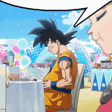 a cartoon of a man sitting at a table with his hands on his stomach