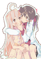 a drawing of a girl hugging another girl with the letter p on her forehead