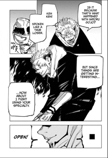 a black and white image of a man talking to another man in a manga .