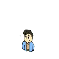 a drawing of a man wearing a blue jacket and a brown shirt