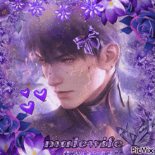 a picture of a man surrounded by purple flowers with malewife written on the bottom