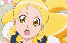 a close up of a girl with yellow hair