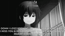 a black and white image of a girl crying with the words `` ohh i lost you and it 's hurt so fucking bad !