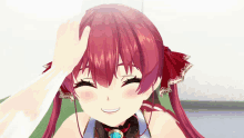 a girl with red hair is smiling with a hand on her forehead