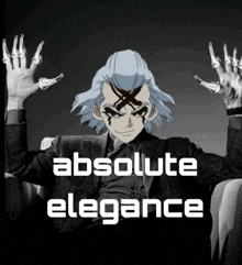 a black and white photo of a man with the words absolute elegance on the bottom