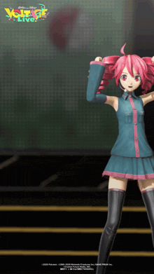 a girl with pink hair is standing in front of a sign that says " volca gf live "