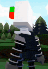 a cartoon character with a white head and a red and green cube on his head