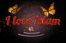a purple flower is surrounded by butterflies and the words i love islam
