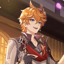 a man with orange hair and blue eyes is smiling and holding a piece of paper