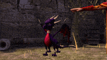 a purple dragon standing next to a man in a red robe