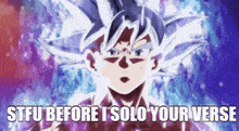 a cartoon of a man with a purple background and the words `` stfu before i solo your verse ''
