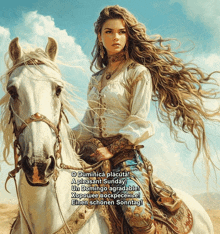 a painting of a woman riding a white horse with the words " a pleasant sunday " written below her