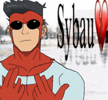 a cartoon drawing of a superhero with the word sybau behind him