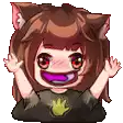 a pixel art drawing of a girl with cat ears and a purple tongue sticking out .