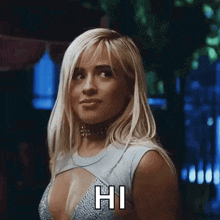 a woman in a very revealing dress is saying hi .
