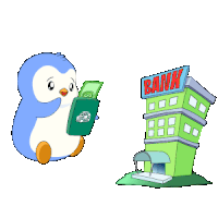 a cartoon penguin is reading a book next to a bank