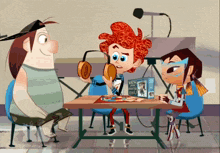 a group of cartoon characters are sitting around a table with a book titled know your monsters
