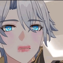 a close up of a person 's face with gray hair and blue eyes