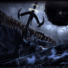 a painting of a monster with a sword and a ruler in the background