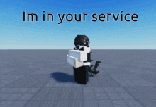 a cartoon character is standing in front of a blue sky and says " im in your service "
