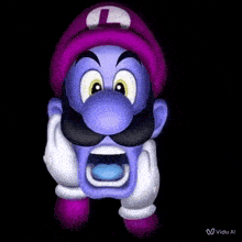 a cartoon character with a purple hat and mustache is making a surprised face