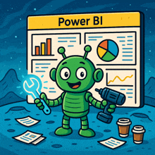 a cartoon illustration of a green robot holding a wrench and a drill