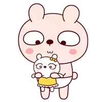a cartoon bunny is holding a baby bear in its arms .
