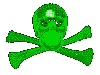 a pixel art of a green skull and crossbones with a green light coming out of the center .