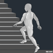 a drawing of a person walking up a set of stairs with the website npc.com below it