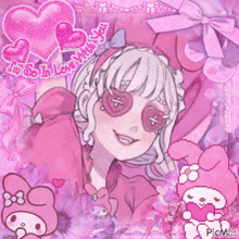 a pixel art of a girl wearing pink glasses and a headband that says i 'm so in love with you
