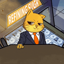 a cartoon cat is sitting at a table in front of a refining suger sign
