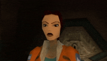 a close up of a video game character 's face with a blurred background