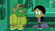 a cartoon of a man with a green face mask and a girl with a pink shirt that says nick on the bottom