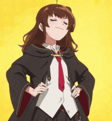 a girl with a stick sticking out of her nose is wearing a cape and tie