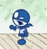 a blue and white cartoon character is standing on a wooden deck .