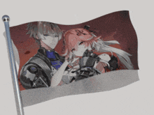a flag with a man and a woman on it