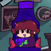 a cartoon character is sitting in a purple bottle with a purple top .