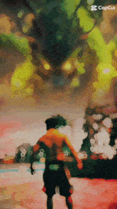 a painting of a man standing in front of a large green monster with the caption capcut